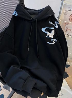 潮牌竹雀刺绣连帽卫衣女宽松黑色情侣长袖百搭小众设计风格上衣