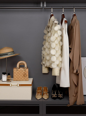 欧式样板房衣帽间软装棕色系衣服女样板间衣柜装饰摆件服装高跟鞋