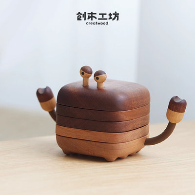 【螃蟹杯垫】木防烫隔热茶道茶托可爱摆件创意礼品送朋友