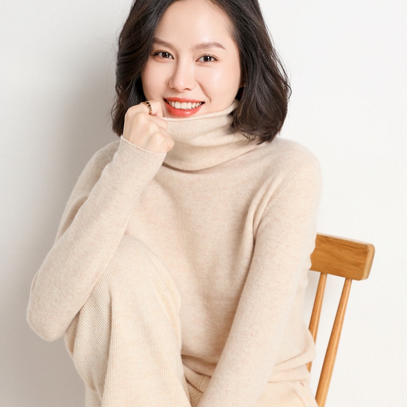 新品100%纯羊毛衫堆堆领女卷边针织衫百搭纯色保暖毛衣高领打底衫