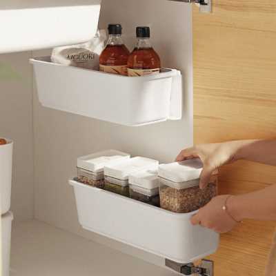 新住导轨收纳盒壁挂抽拉式夹缝柜门抽屉式免打孔塑料水槽橱柜浴柜