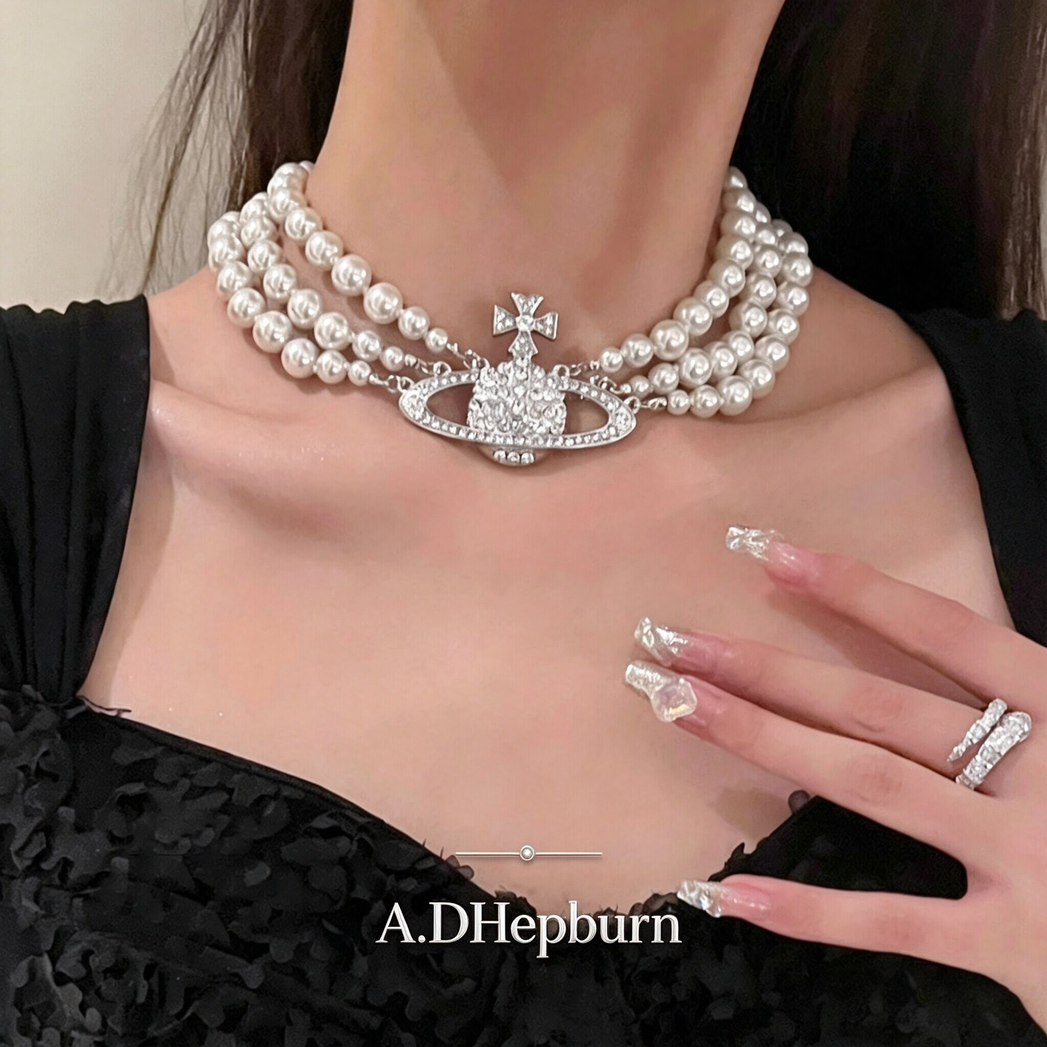A.DHepburn不掉色满钻珍珠项链女