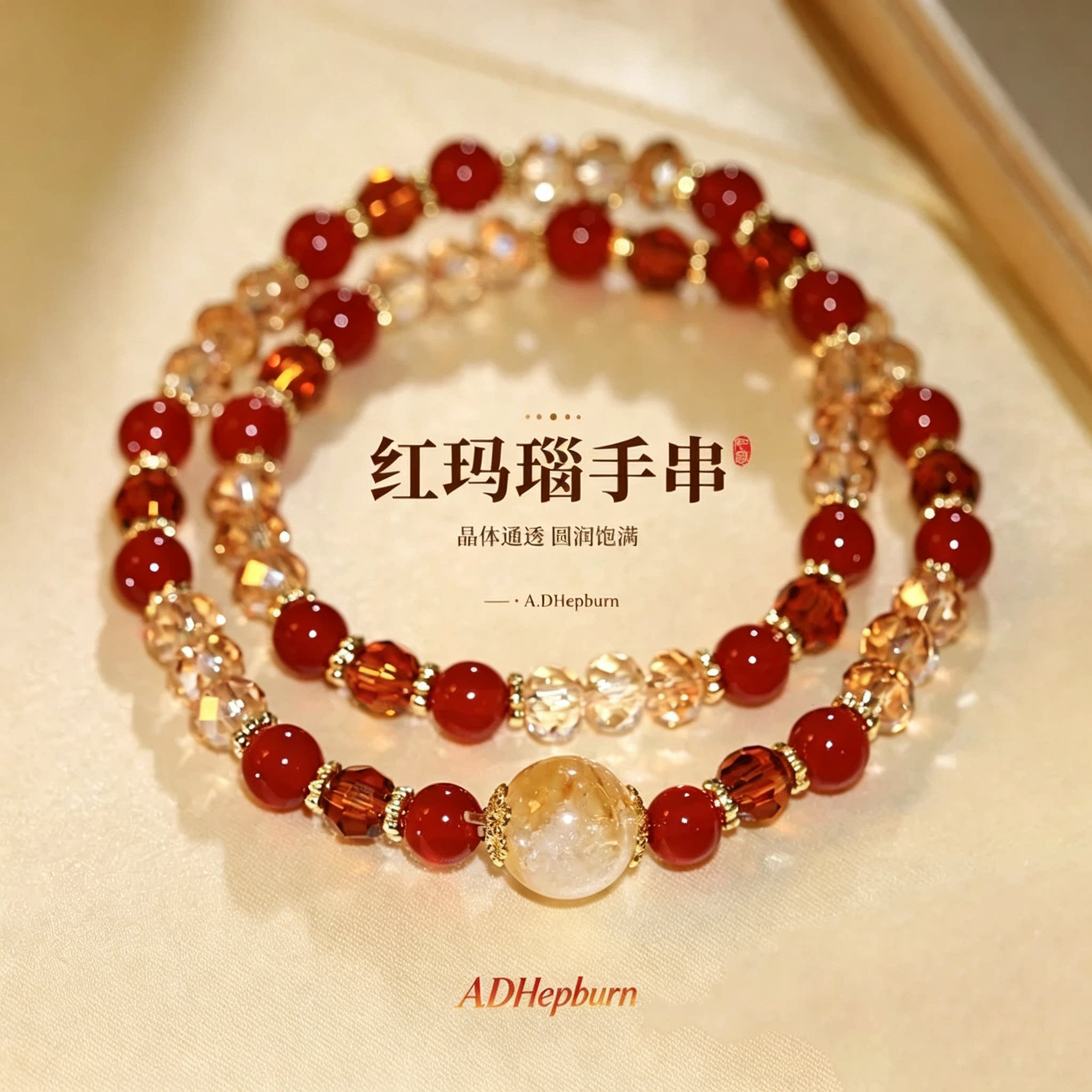 A.DHepburn红玛瑙黄水晶手链轻奢