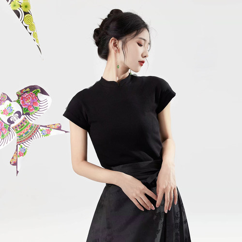 星河汉歌新中式国风黑色修身T恤