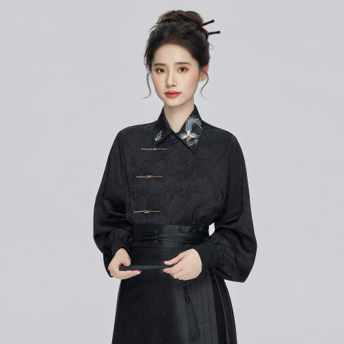星河汉歌新中式衬衫黑色立领国风