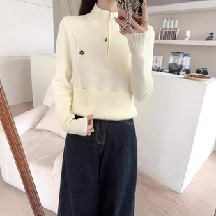 安卡拉红秋冬新款洋气半高领打底针织衫保暖上衣加厚加绒拉链毛衣