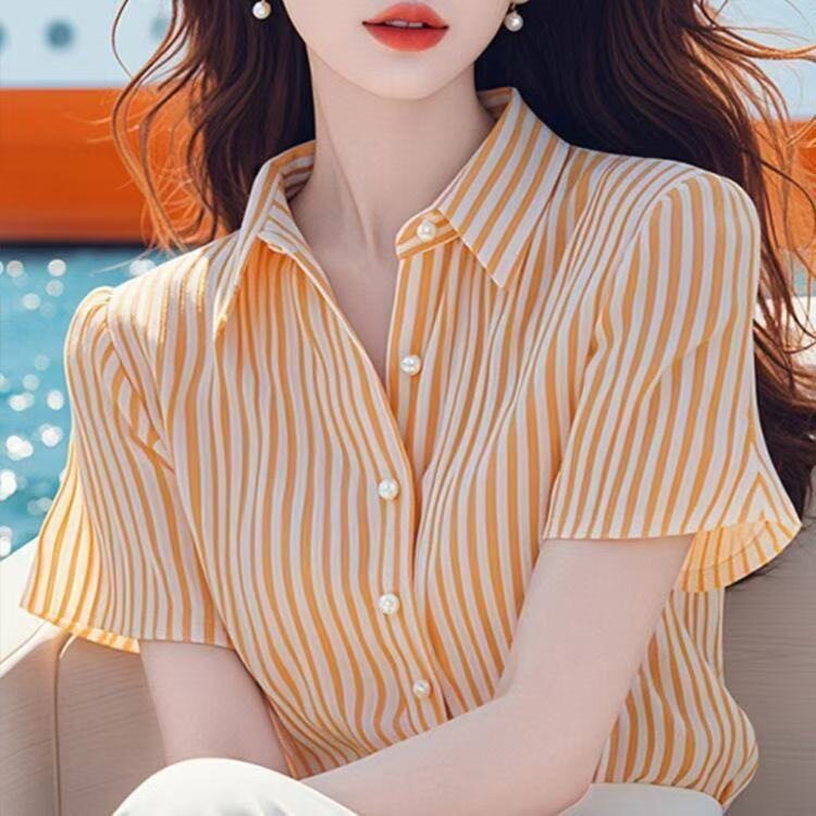 绝美设计2026新款法式条纹短袖衬衫夏季气质衬衣宽松上衣露肩