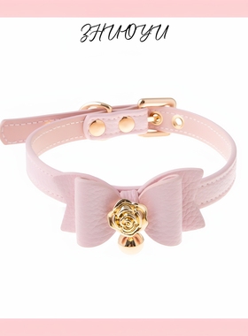 灼欲*choker真皮粉色甜美蝴蝶结项圈铃铛脖圈刻字定制puppy颈饰
