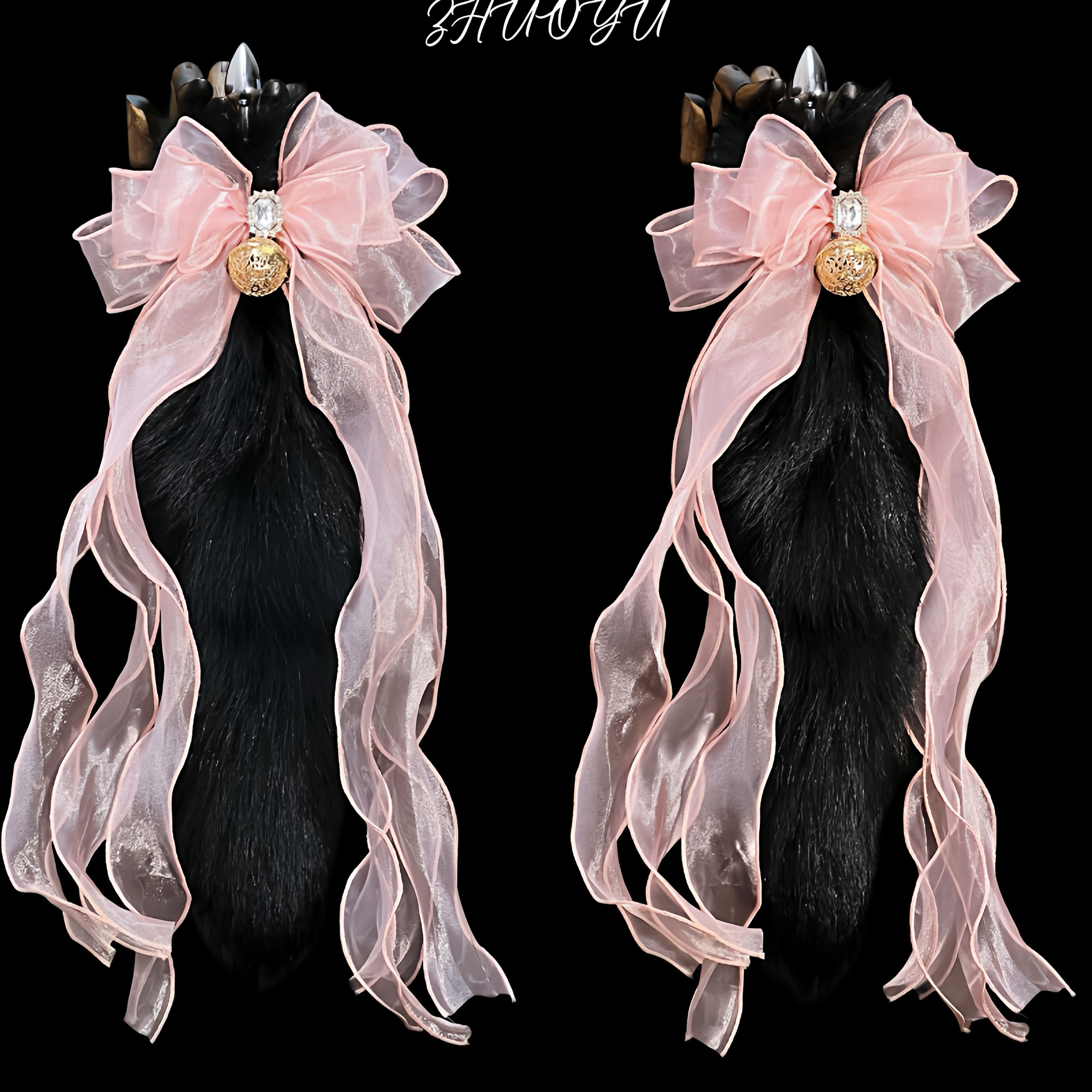 灼欲*原创粉色蝴蝶结飘带狐狸毛兽装尾巴cosplay道具穿戴式兽尾