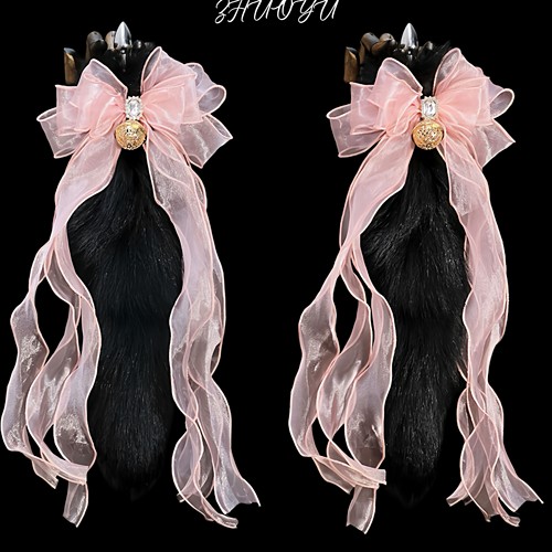 灼欲*原创粉色蝴蝶结飘带狐狸毛兽装尾巴cosplay道具穿戴式兽尾