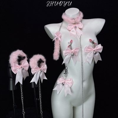 灼欲*原创粉色毛绒蝴蝶结铃铛项圈女草莓夹项链穿戴小圈k9k8套装