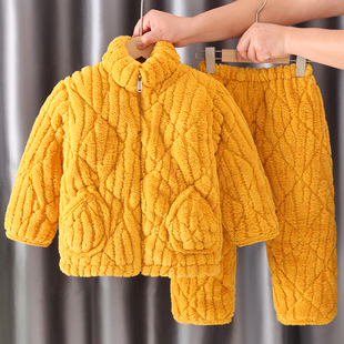 冬季儿童睡衣加厚款珊瑚绒加绒三层夹棉男童男孩冬款法兰绒家居服