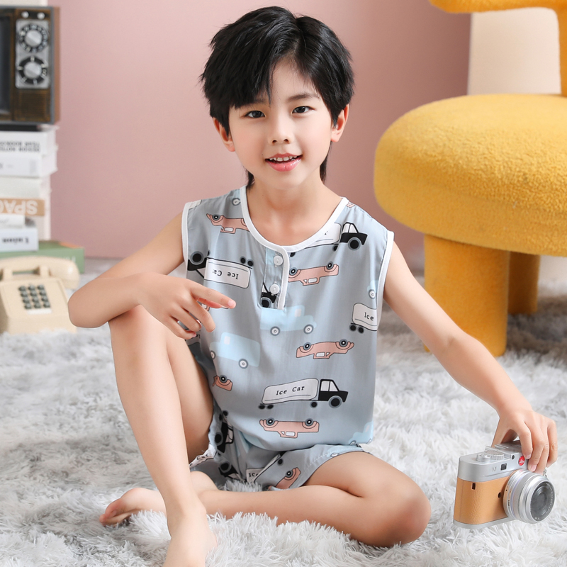 夏季儿童男童薄款棉绸睡衣夏天小孩背心套装宝宝绵绸人造棉家居服