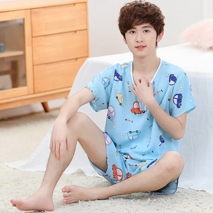 夏季青少年棉绸睡衣短袖短裤绵绸薄款男童大童初中高中学生家居服