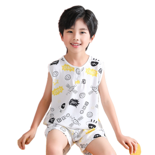 宝宝绵绸人造棉家居服夏季男孩背心套装夏天儿童男童薄款棉绸睡衣