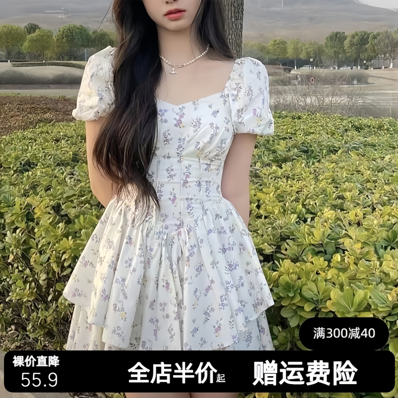 2024夏季法式收腰连衣裙女芝芝萄萄清新温柔少女碎花甜美显瘦短裙