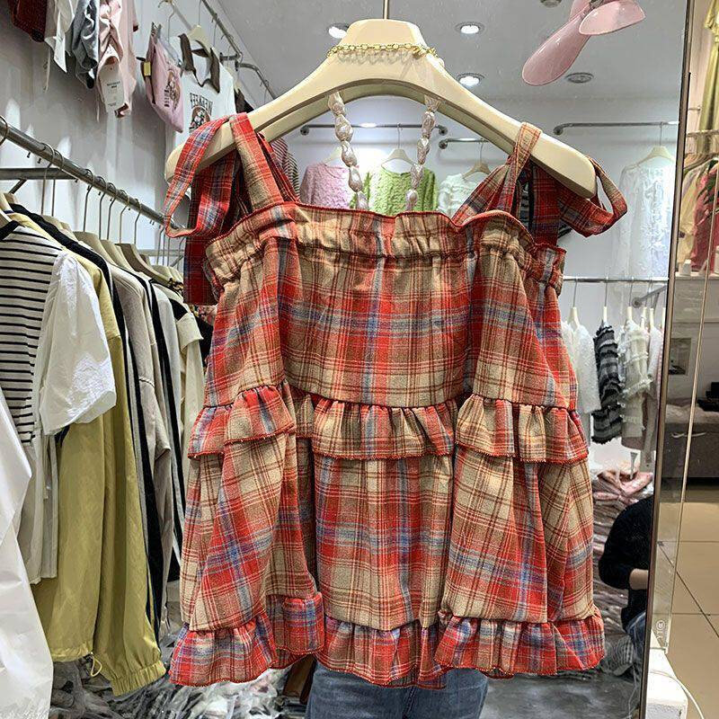 高货甜系少女穿搭复古系带方领背心小清新格子娃娃衫短款甜酷吊带