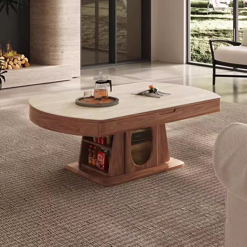 胡桃色升降茶几伸缩餐桌两用二合一2025新款小户型客厅家用多功能