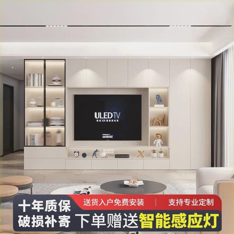 简约现代背景墙电视柜一体组合柜轻奢客厅实木满墙储物柜高柜定制
