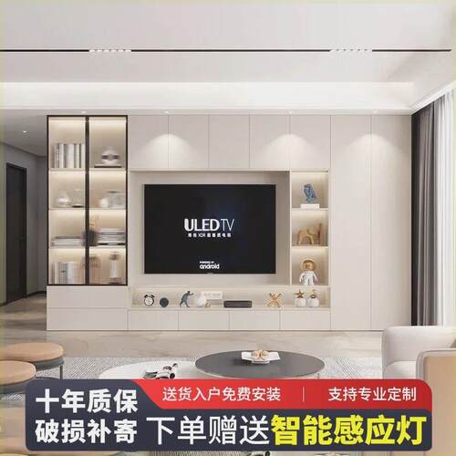 简约现代背景墙电视柜一体组合柜轻奢客厅实木满墙储物柜高柜定制