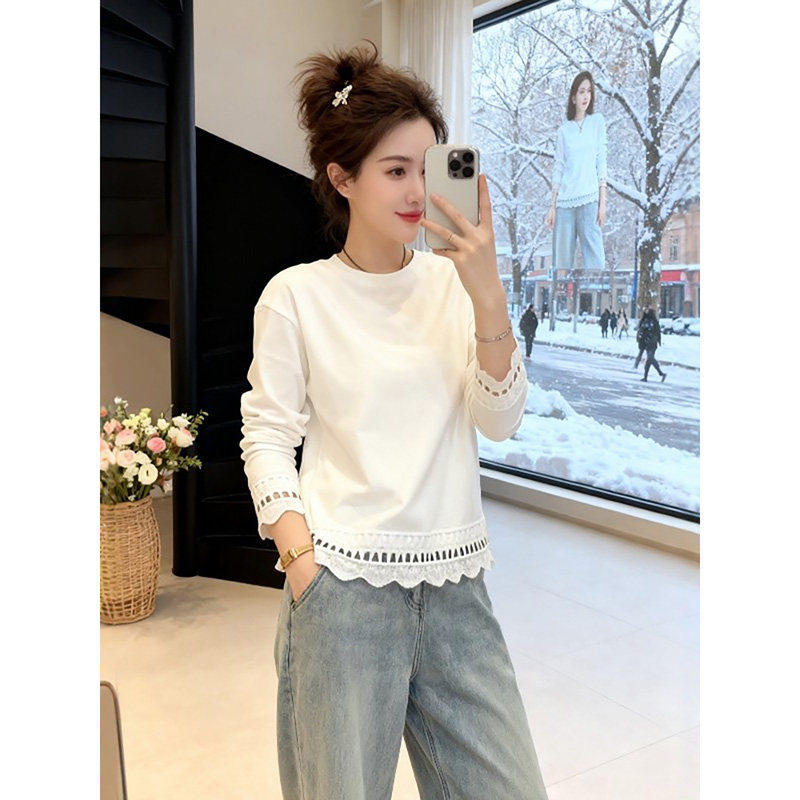 2026春季韩系蕾丝边白色长袖T恤女大码胖MM宽松显瘦叠穿打底上衣