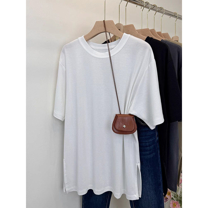 2026夏季新款白色大版短袖T恤女圆领宽松中长款开叉显瘦半袖体恤