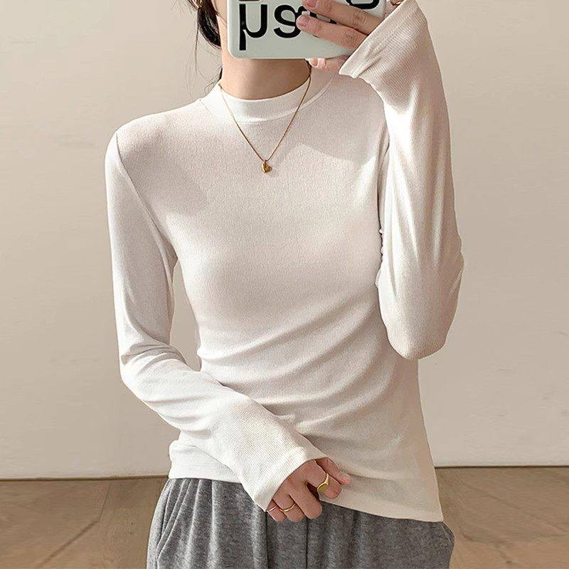 白色修身半高领打底衫女2026春季新款高品质小立领长袖T恤内搭潮