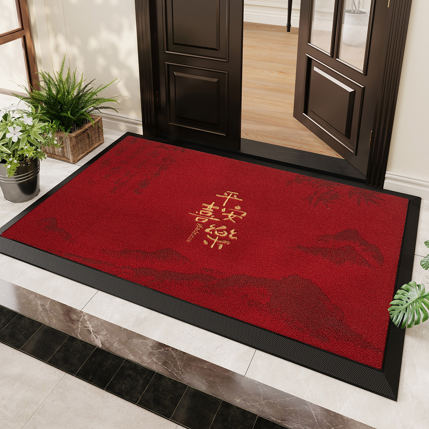 高端入户门地垫新中式进门耐脏绣花地毯红色别墅玄关大门口脚垫子,居家布艺,入户地垫,淘宝优惠券,粉丝福利购,淘宝优惠卷