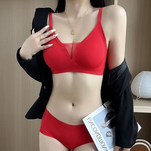龙凤呈祥本命年大红色套装新年结婚聚拢无痕运动美背性感文胸罩女