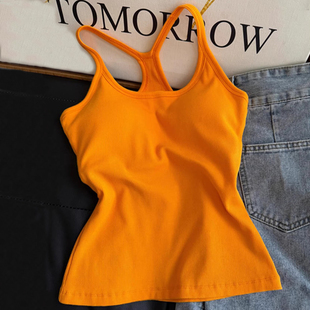 美式 辣妹穿搭橙黄色带胸垫吊带背心女夏日外穿高级感美背文胸一体