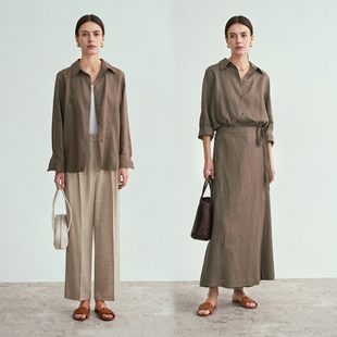 亚麻舒适宽松衬衫 春夏新品 优雅系带一片式 裙裤 LIAC 套装 ROC