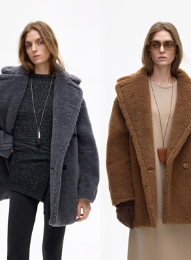 LIAC ROC2025冬季新款泰迪熊大衣骆驼毛皮草外套女短款廓形