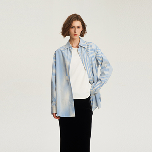 丝棉撞色条纹衬衫 秋季 女桑蚕丝蓝白条宫廷风上衣 ROC LIAC