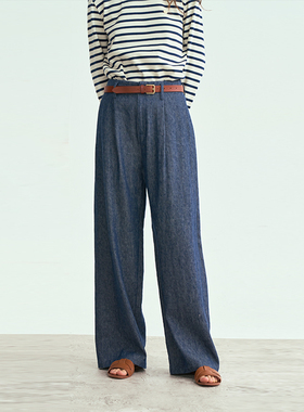 LIAC ROC 25春季新品天丝藏蓝色单褶牛仔裤松弛感宽松直筒裤长裤