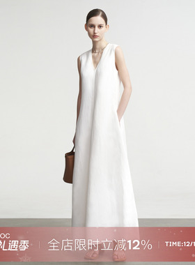 LIAC ROC2025款夏季亚麻V领无袖连衣裙女白色莱赛尔优雅长裙