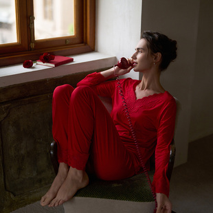 明媚红色莫代尔长袖 BRIDA法式 睡衣套O1201AB1 微瑕疵捡漏