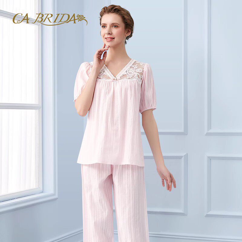 cabrida/嘉德丽亚春夏性感蕾丝v领绣条棉布睡衣套装cis4b366ab1