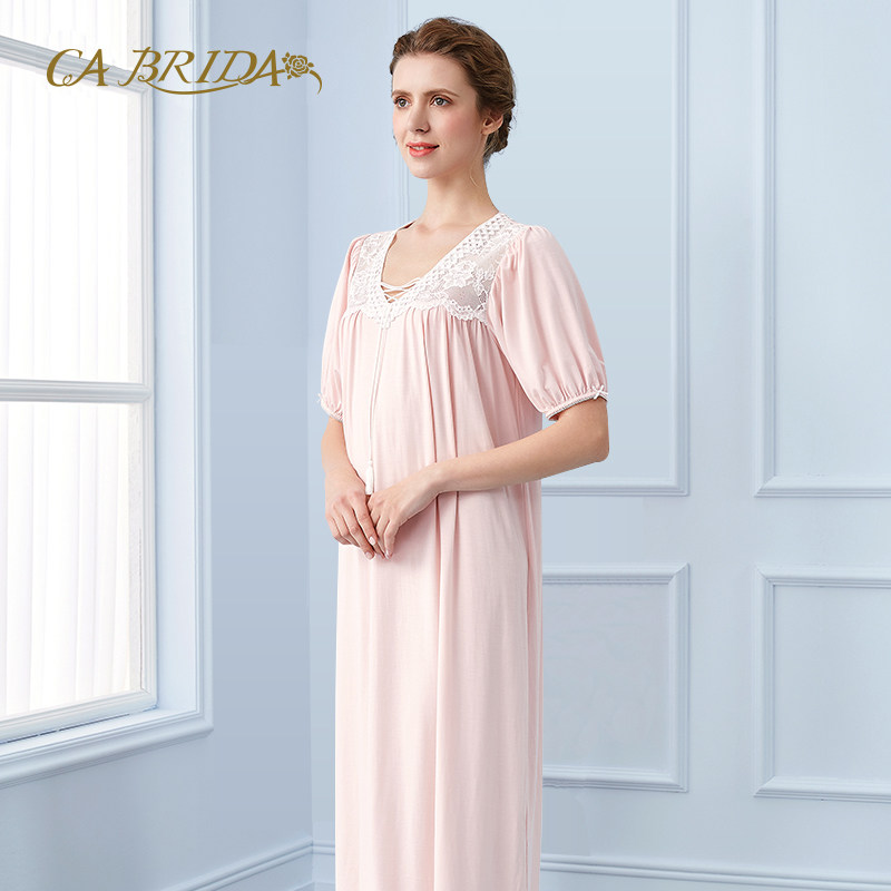 cabrida嘉德丽亚睡裙夏季纯色短袖薄款v领拼接蕾丝睡裙cis4c320c1