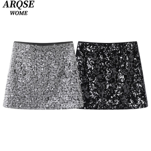 艾诺丝旺京官方旗舰店2026春款亮片半身裙灰色A字短裙亮片裙1167
