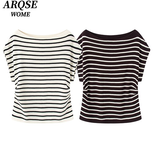 艾诺丝旺京一字肩条纹短袖T恤女2026夏季减龄黑白条纹针织衫3176