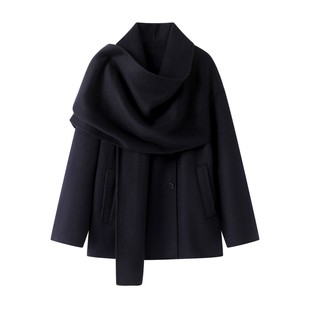 艾诺丝旺京披肩双面呢2025秋冬新款围巾领毛呢羊绒大衣外套女3001