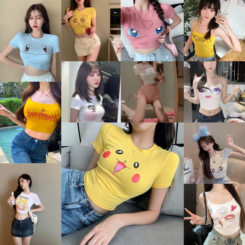 大眼睛服装女直播衣服上镜性感甜美可爱显胸大皮卡丘T恤卡通跳舞
