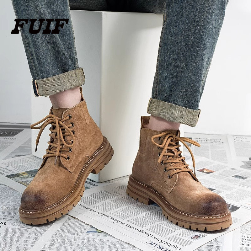 马丁靴男士2024新款软皮中帮英伦风真皮复古工装靴低帮猪皮大黄靴