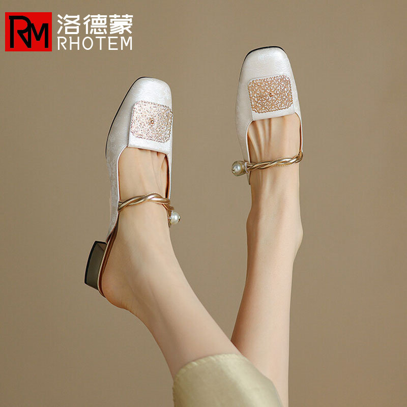 洛德蒙女鞋新款中式国风配裙包头半拖鞋外穿气质珍珠装饰粗跟凉鞋,女鞋,包头拖,淘宝优惠券,粉丝福利购,淘宝优惠卷