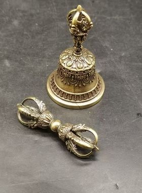 藏式尼泊尔五股金刚铃杵响铜仿旧铃铛摆件密宗手摇铃迷你款式一套