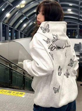 美式灰色蝴蝶刺绣连帽卫衣女秋冬纯棉薄款新款慵懒风宽松上衣潮流