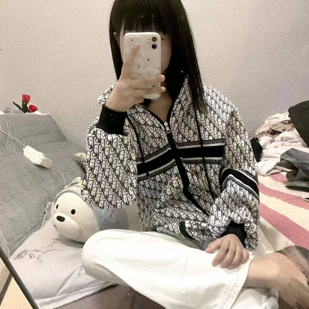 网红情侣秋冬满印新款CD男女同款拉链运动连帽百搭开衫撞色外套潮