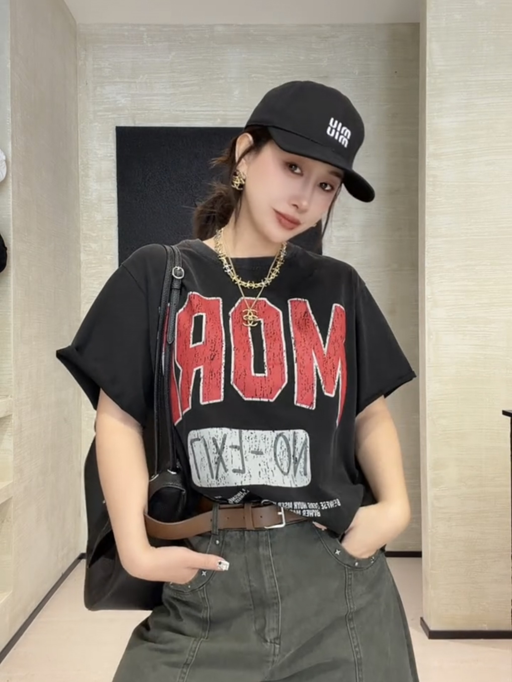 美式复古街拍字母做旧印花短款T恤早秋个性短袖上衣女宽松时尚潮
