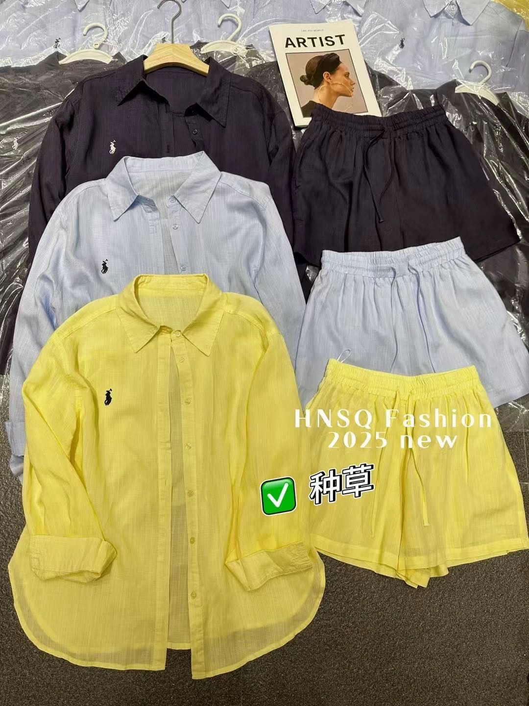 2025夏季新款时尚翻领单排扣麻料长袖衬衫+短裤宽松修闲两件套女