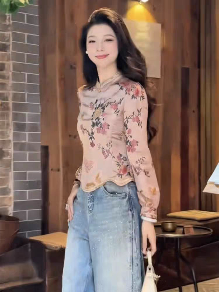 新中式立领盘扣印花收腰段面衬衫爆款女装早秋显瘦减龄时尚上衣潮